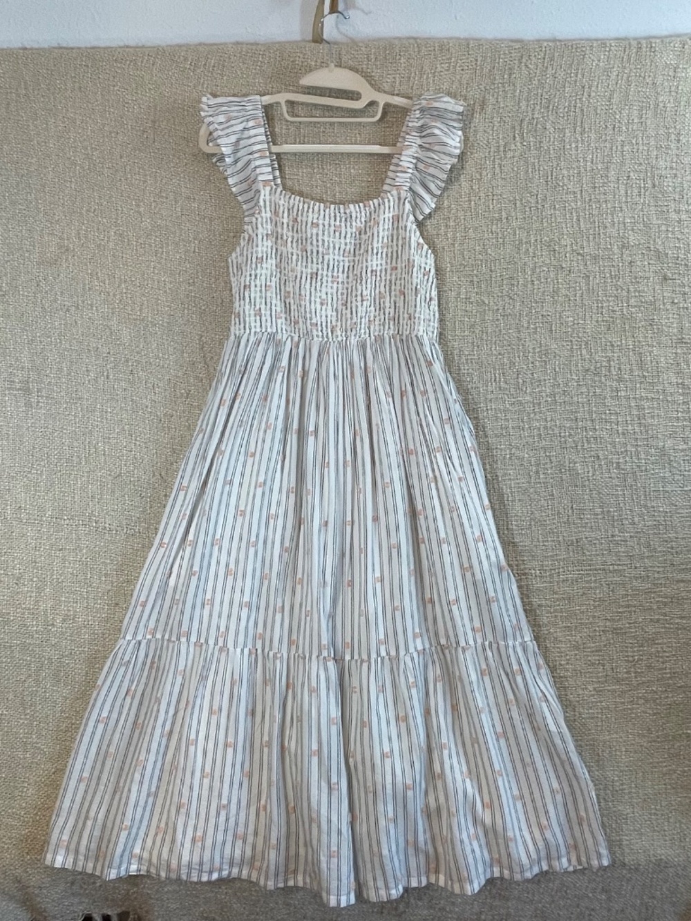 LOFT Striped Peach Clip Dot Smocked Tiered Midi Dress with Pockets Size S - Picture 4 of 15